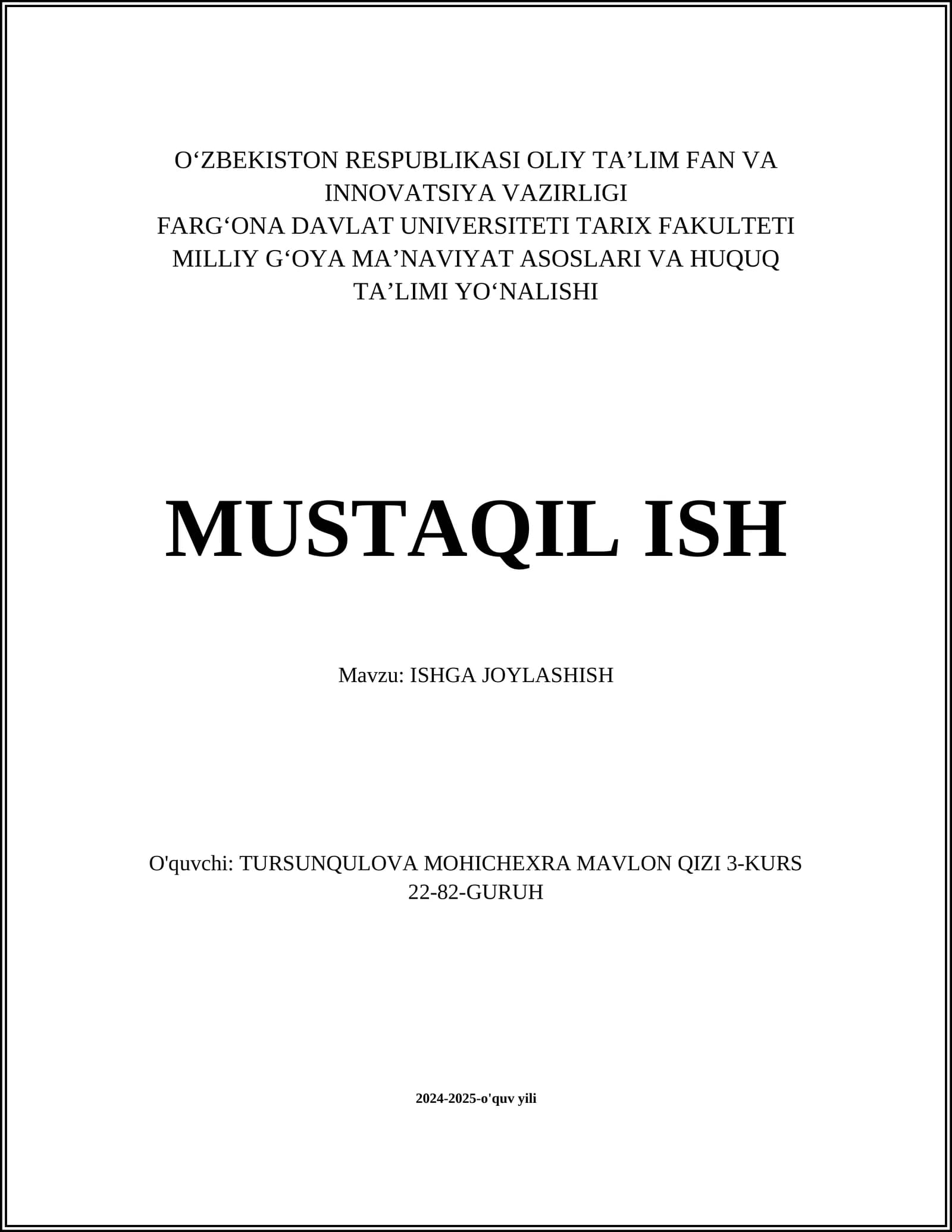 ISHGA JOYLASHISH