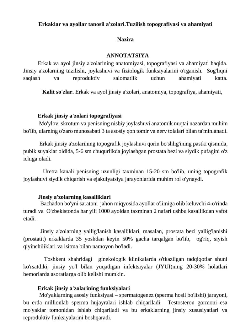 Erkaklar va ayollar tanosil a'zolari.Tuzilish topografiyasi va ahamiyati