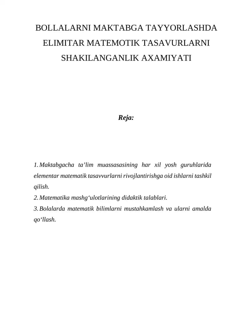 Elementar matematik tasavvurlarni rivojlantirish