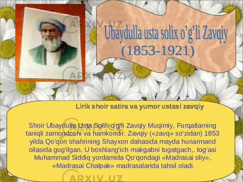Shoir zavqiyning ijoxiy merosi siyosiy lirikasi hajviyoti yumorlari