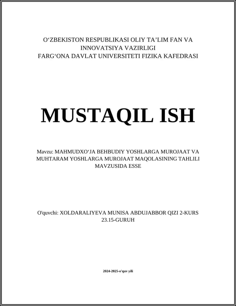 "MAHMUDXO'JA BEHBUDIY YOSHLARGA MUROJAAT VA MUHTARAM YOSHLARGA MUROJAAT MAQOLASINING TAHLILI"