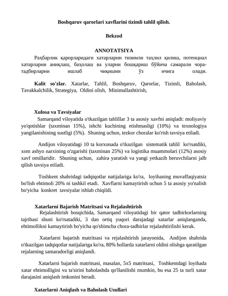 Boshqaruv qarorlari xavflarini tizimli tahlil qilish