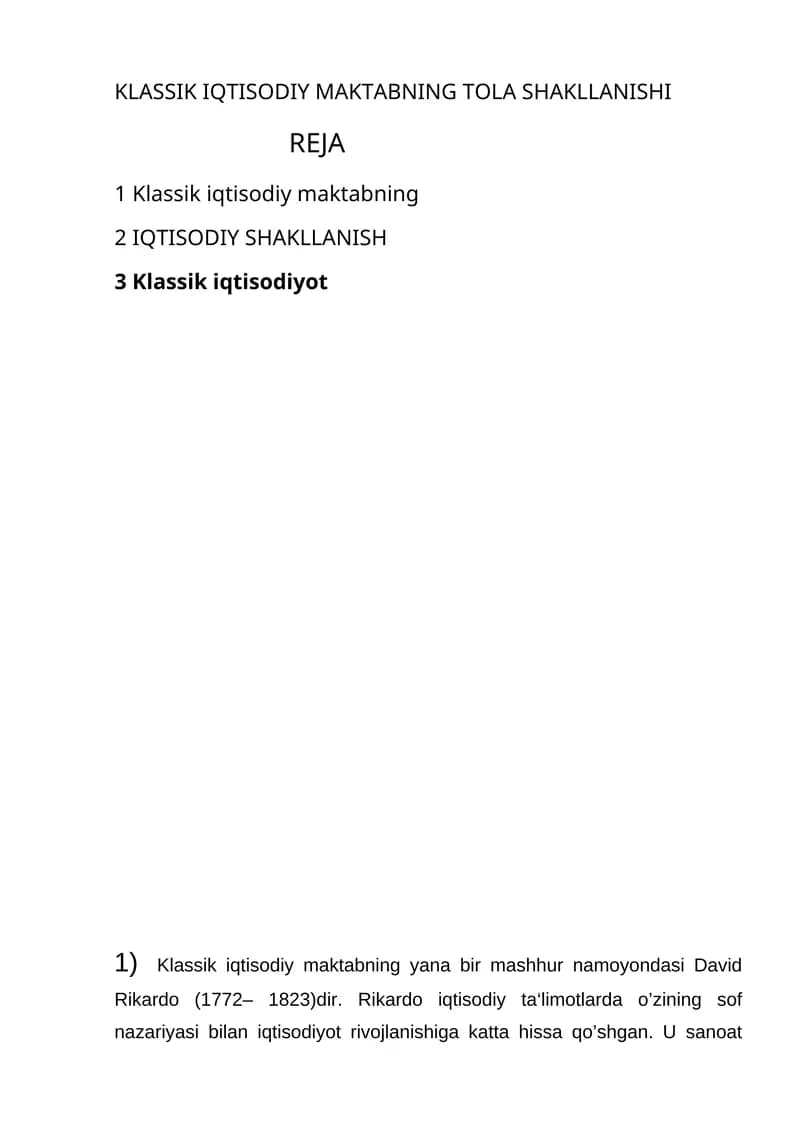 Klassik iqtisodiy maktabning to‘la shakllanishi