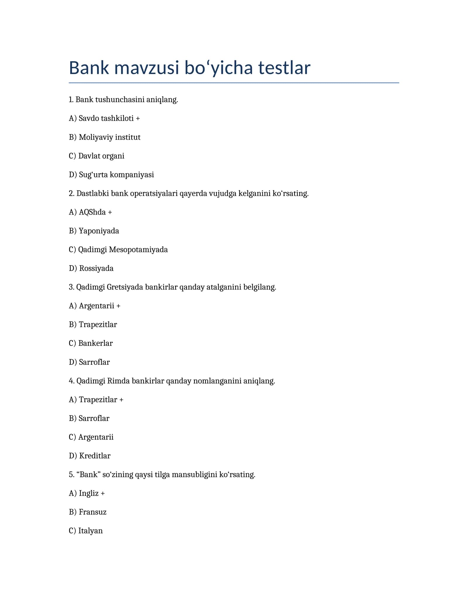 bank haqida testlar
