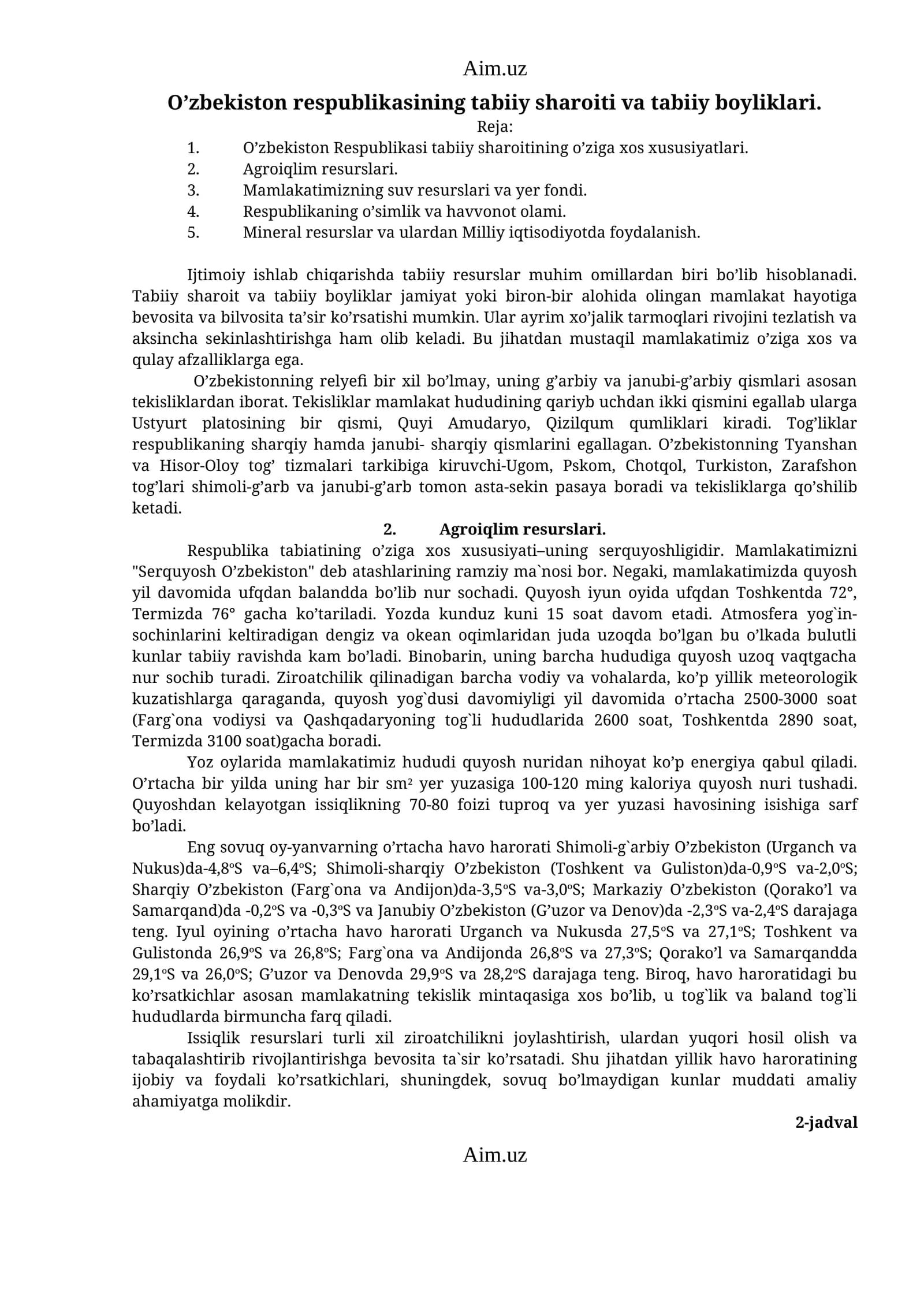 O'zbekiston Respublikasining tabiiy sharoiti va tabiiy boyliklari