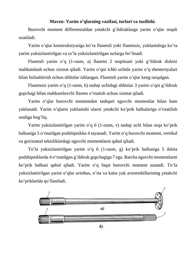 Yarim o’qlarning vazifasi, turlari va tuzilishi.