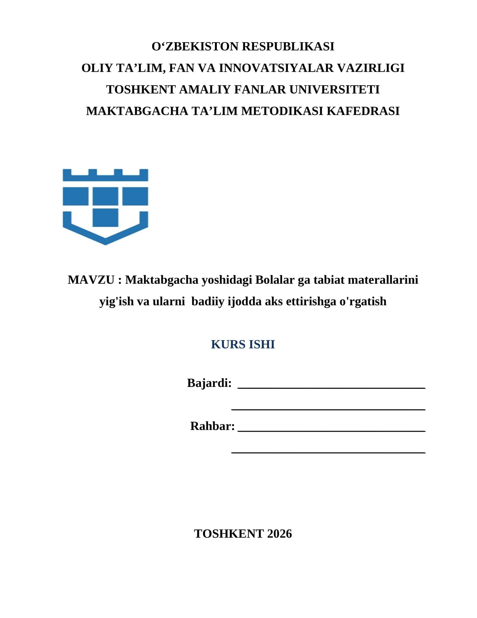 Maktabgacha yoshidagi Bolalar ga tabiat materallarini yig'ish va ularni  badiiy ijodda aks ettirishga o'rgatish