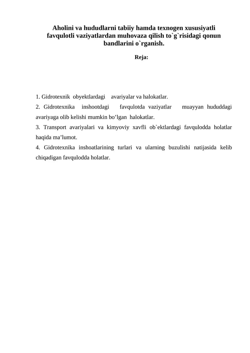 Tehnogen favqulotlari asosida muhovaza bandlarini o`rganish