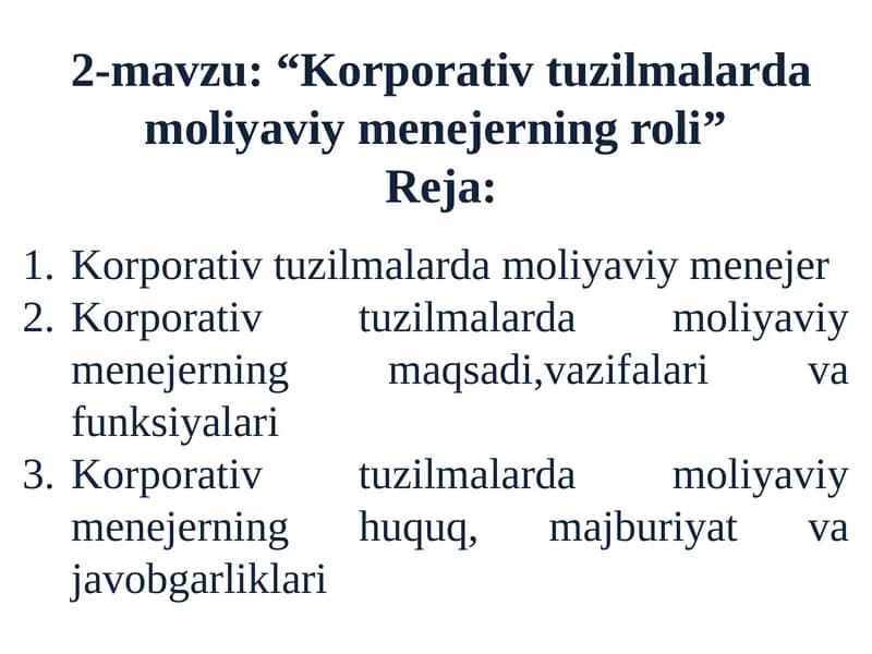 Korporativ tuzilmalarda moliyaviy menejer