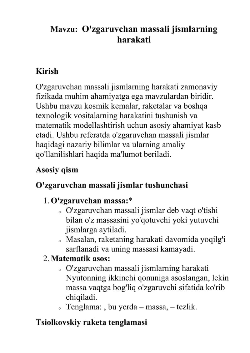 oʻzgaruvchan massali jism