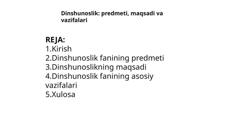 Dinshunoslik: predmeti, maqsadi va vazifalari