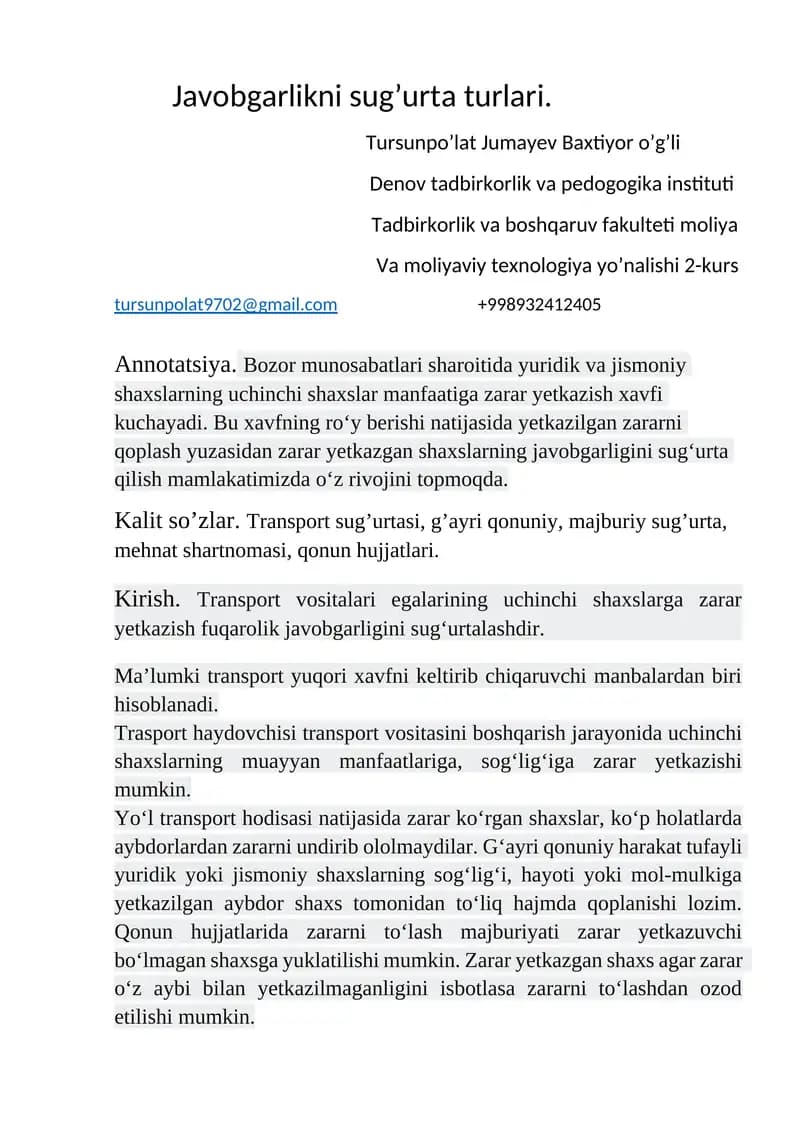 Javobgarlikni sug’urta turlari