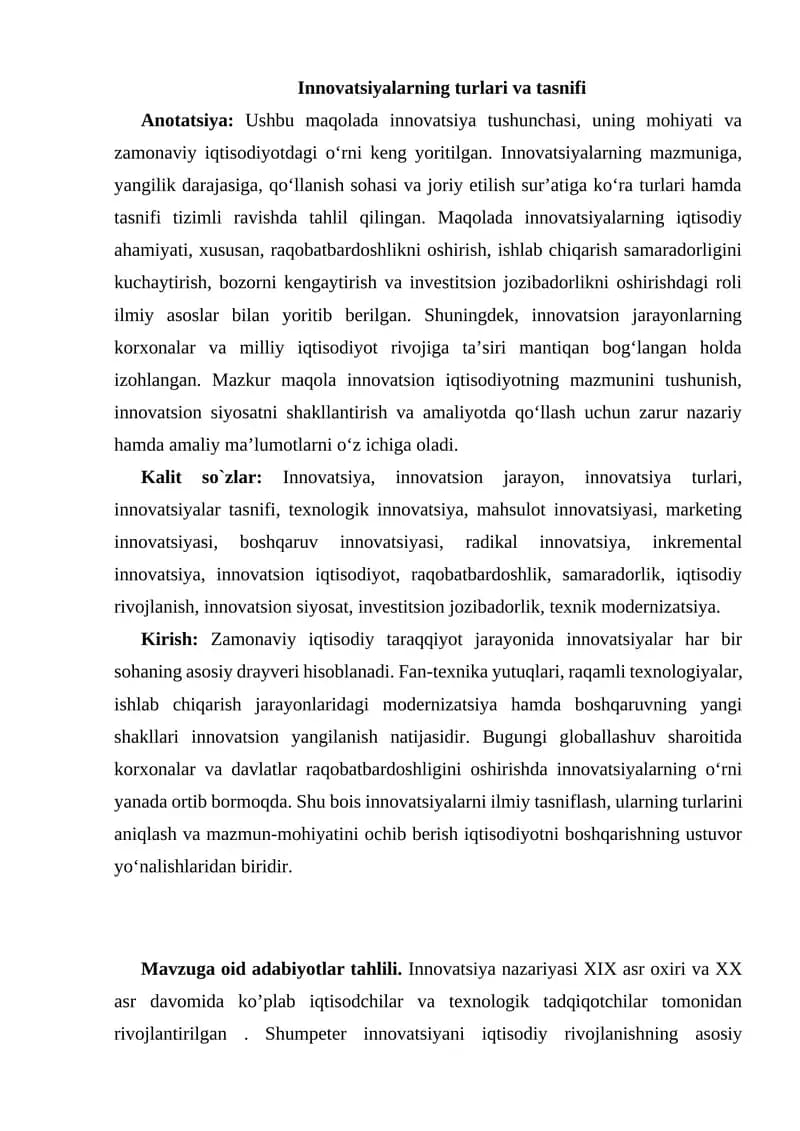 Innovatsiyalarning turlari va tasnifi