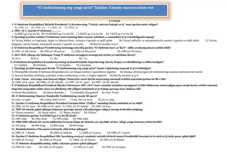 O’zbekistonning eng yangi tarixi” fanidan Yakuniy nazorat uchun test