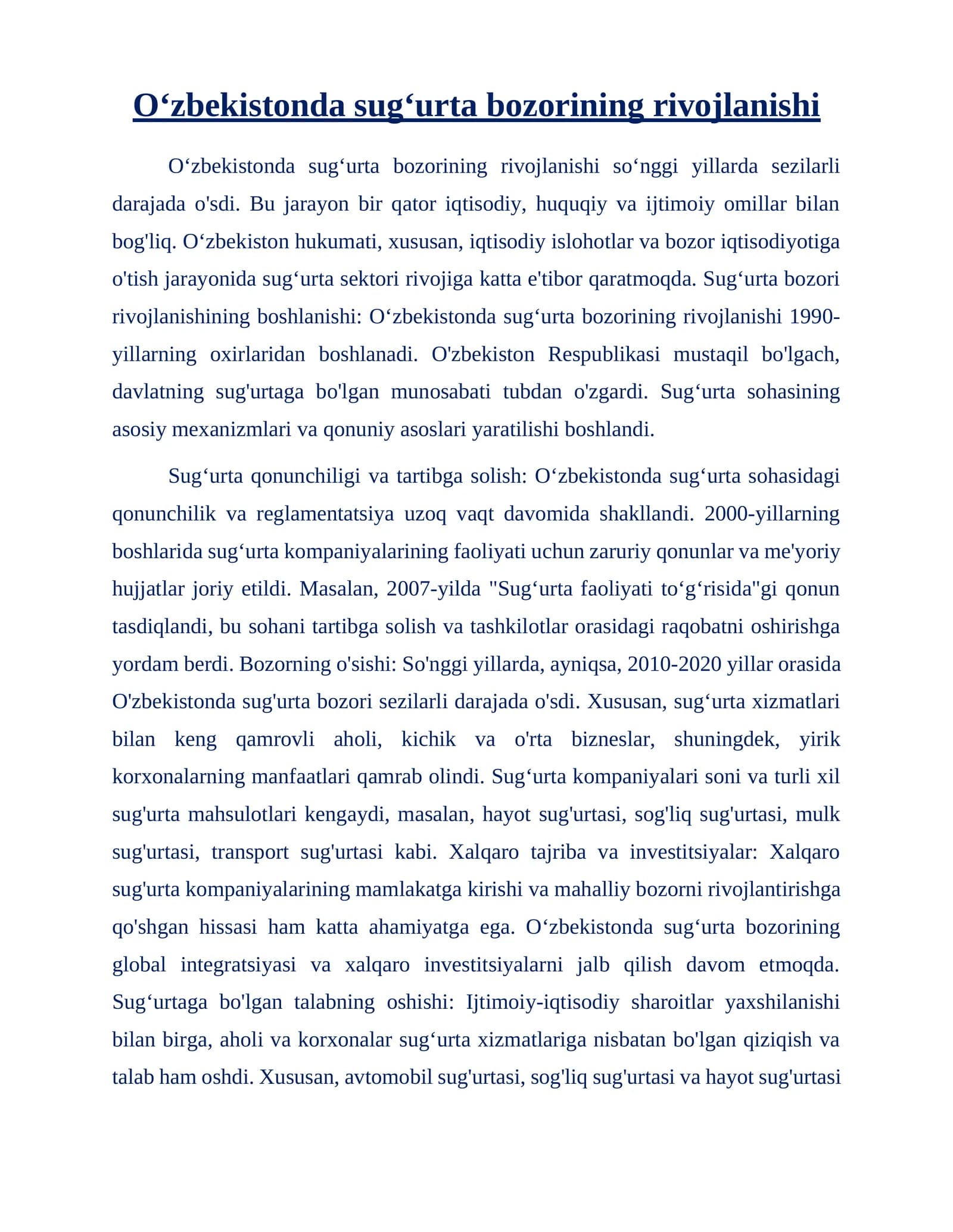 Sugʻurta bozorining rivojlanishi