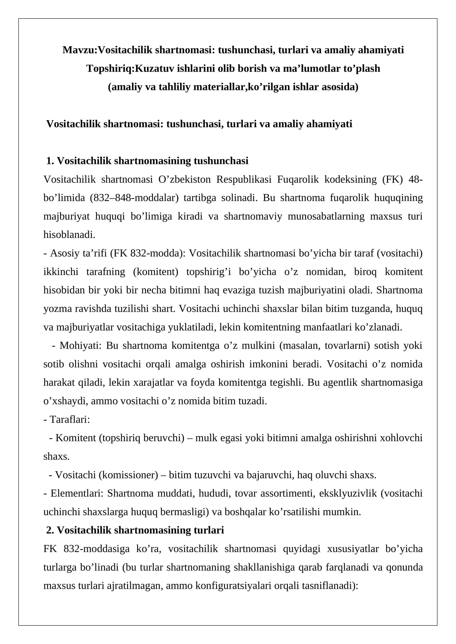 Vositachilik shartnomasi: tushunchasi, turlari va amaliy ahamiyati