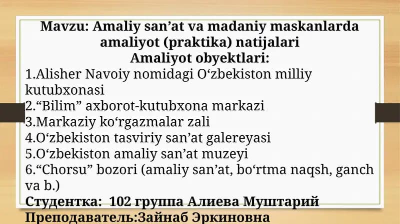 Amaliysan’at va madaniy maskanlarda amaliyot(praktika) natijalari