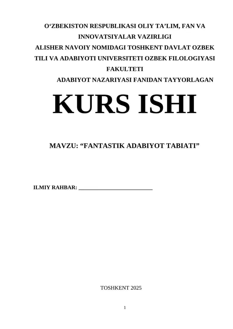 KURS ISHI "FANTASTIK ADABIYOT TABIATI"