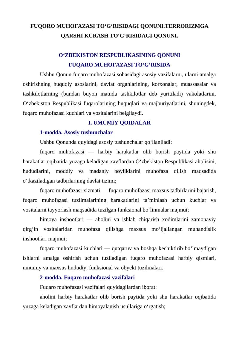 FUQORO MUHOFAZASI TO‘G‘RISIDAGI QONUNI