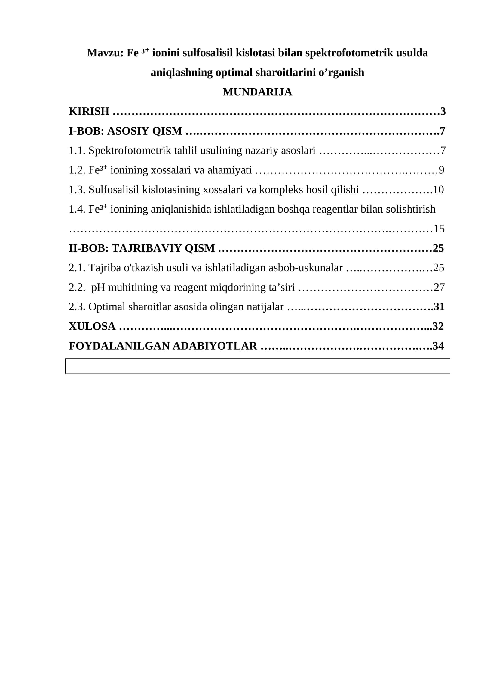 Fe ³⁺ ionini sulfosalisil kislotasi bilan spektrofotometrik usulda aniqlashning optimal sharoitlarini o’rganish