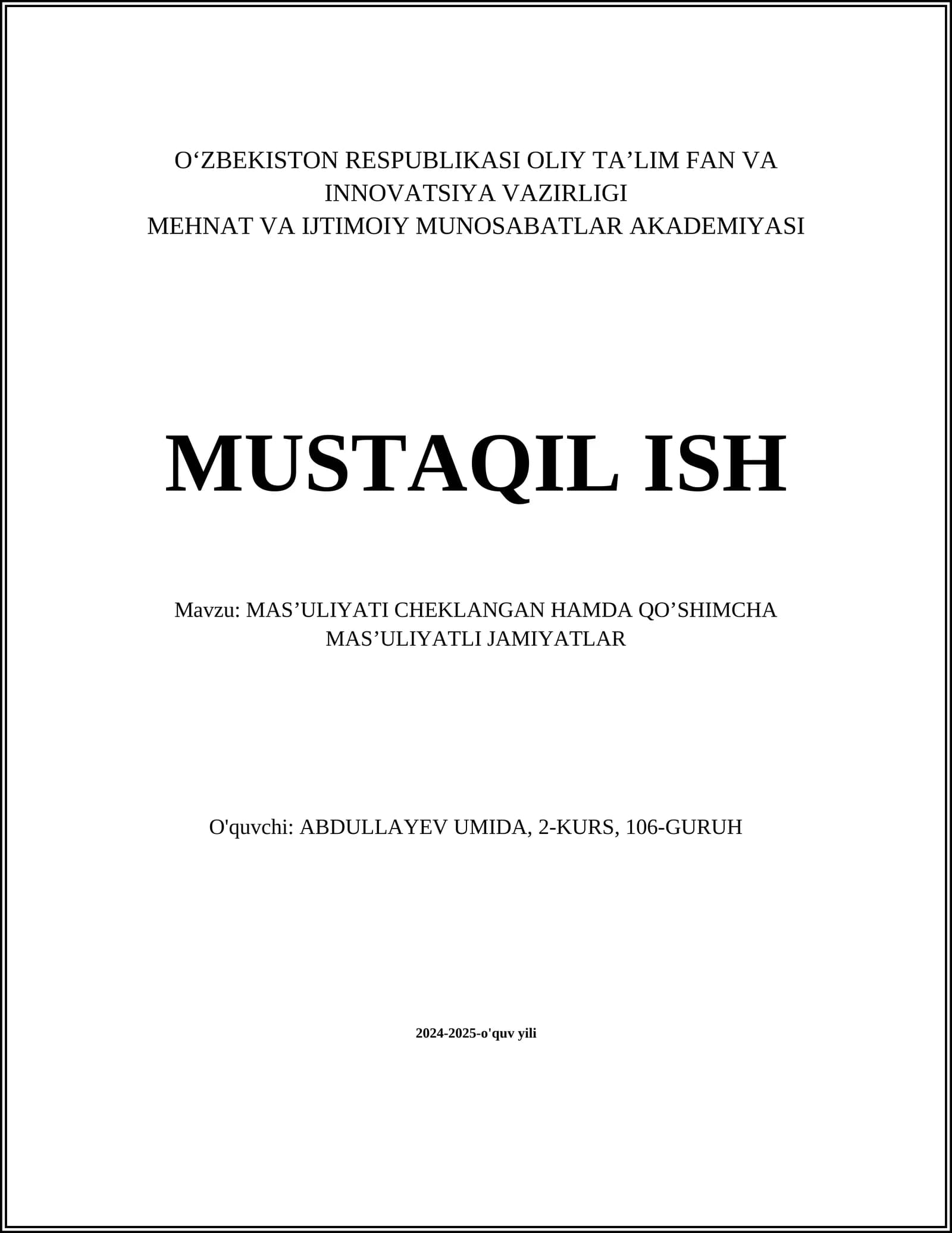 MAS’ULIYATI CHEKLANGAN HAMDA QO’SHIMCHA MAS’ULIYATLI JAMIYATLAR