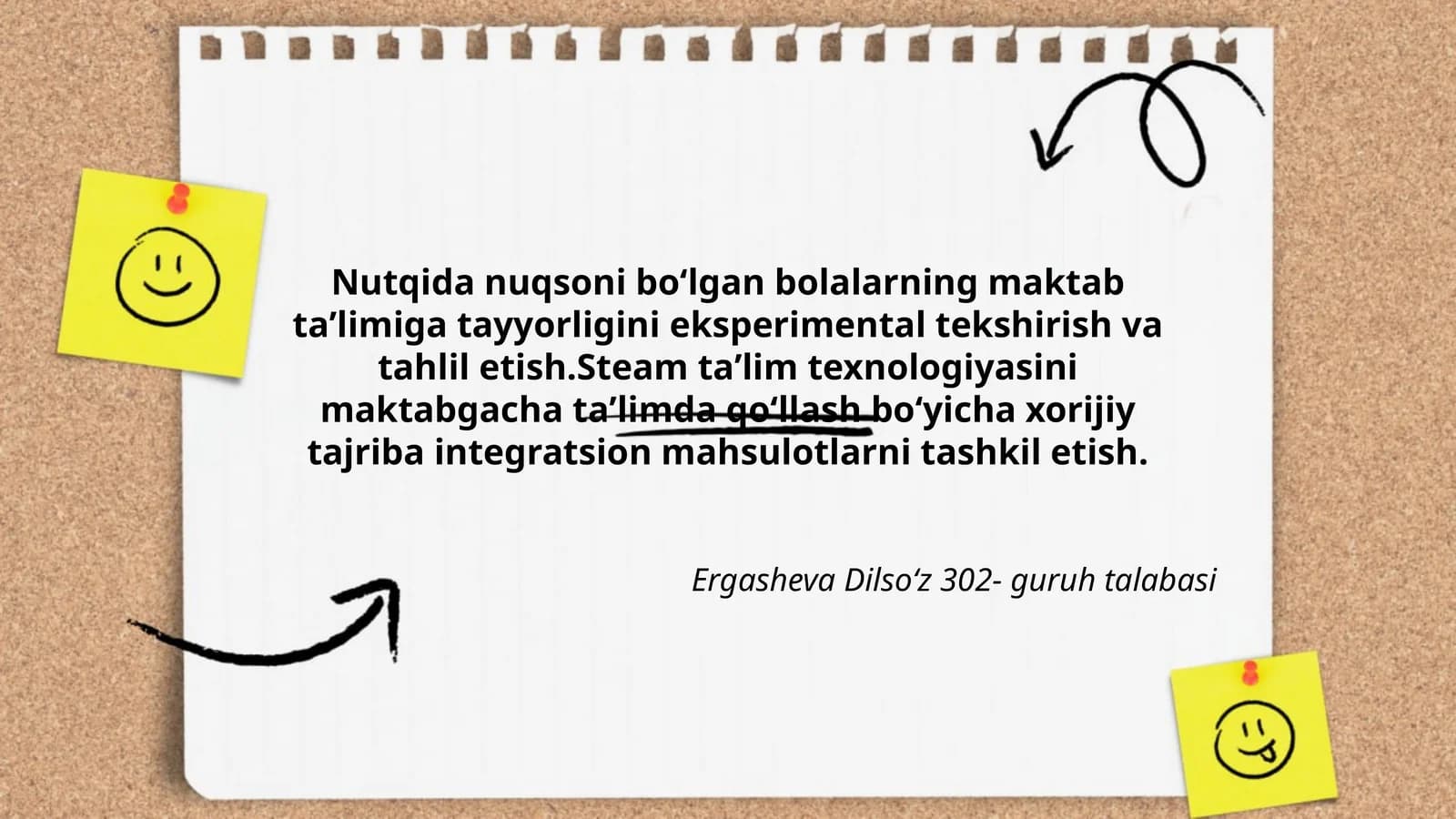 Nutqida nuqsoni boʻlgan bolalarning maktab taʼlimiga tayyorligini eksperimental tekshirish va tahlil etish.Steam taʼlim texnologiyasini maktabgacha taʼlimda qoʻllash boʻyicha xorijiy tajriba integratsion mahsulotlarni tashkil etish