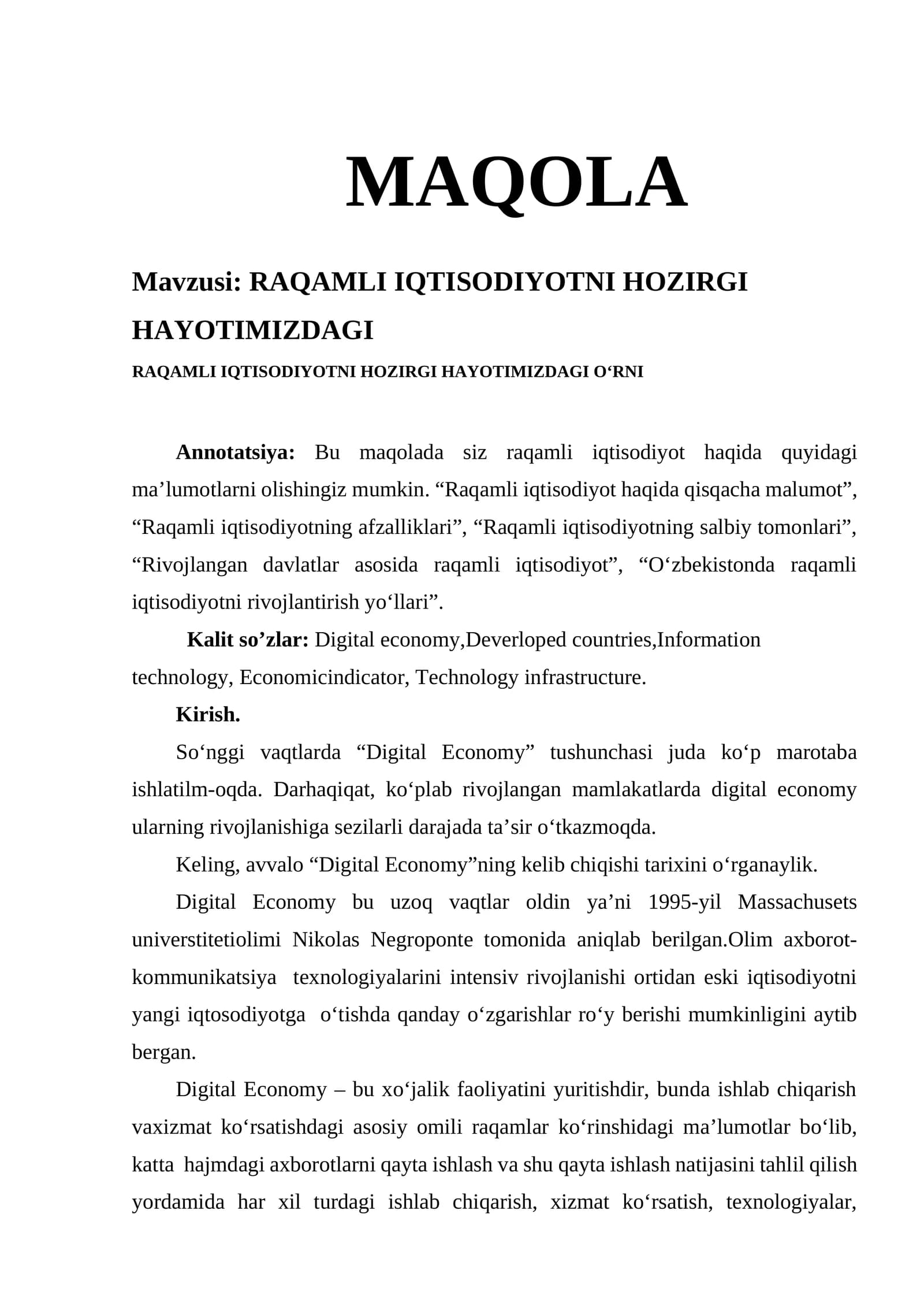 RAQAMLI IQTISODIYOTNI HOZIRGI HAYOTIMIZDAGI