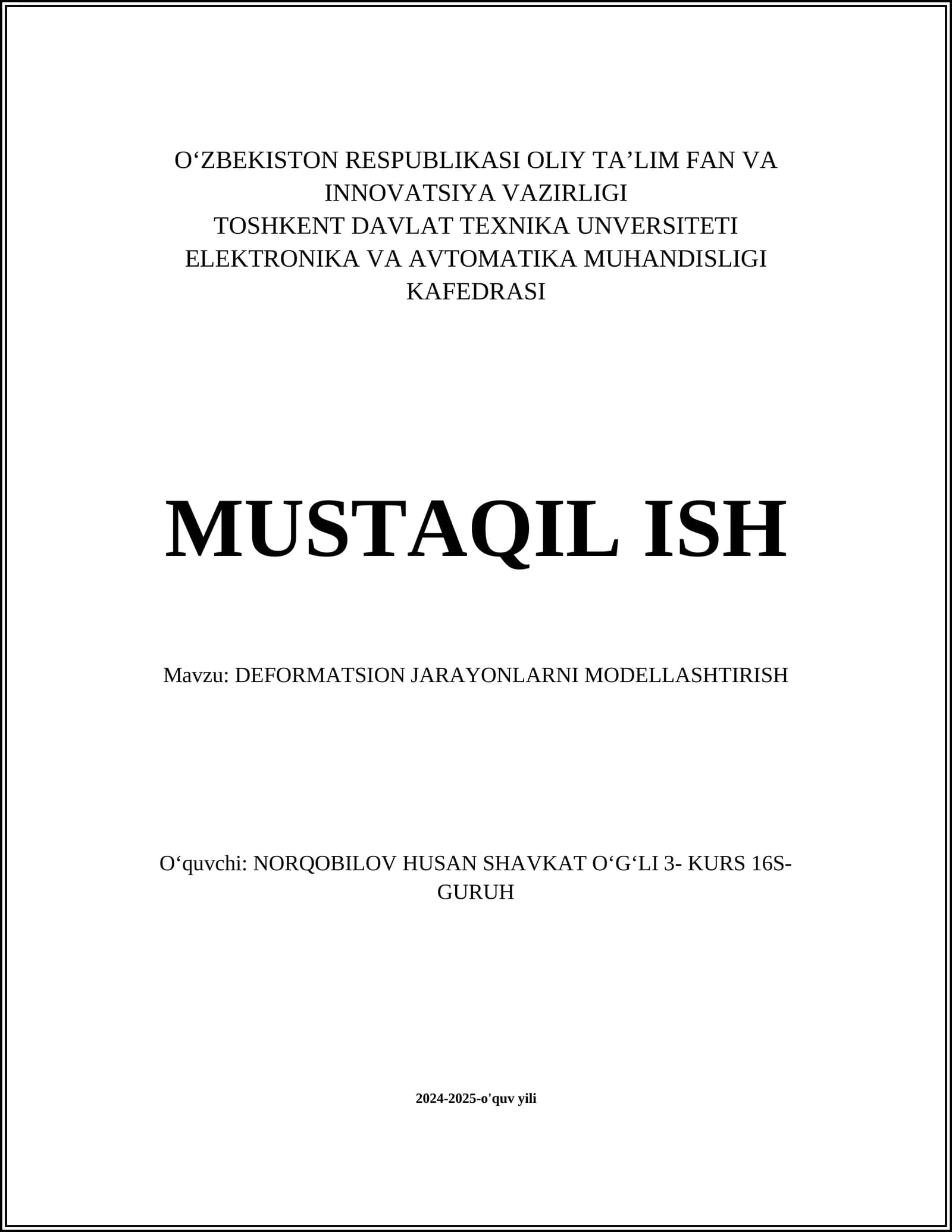 DEFORMATSION JARAYONLARNI MODELLASHTIRISH