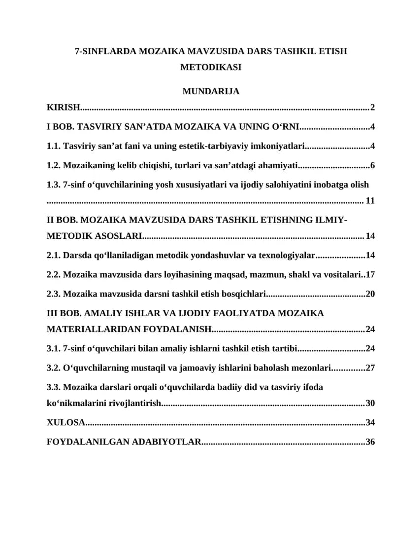7-SINFLARDA MOZAIKA MAVZUSIDA DARS TASHKIL ETISH METODIKASI