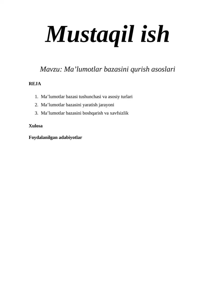 Ma’lumotlar bazasini qurish asoslari