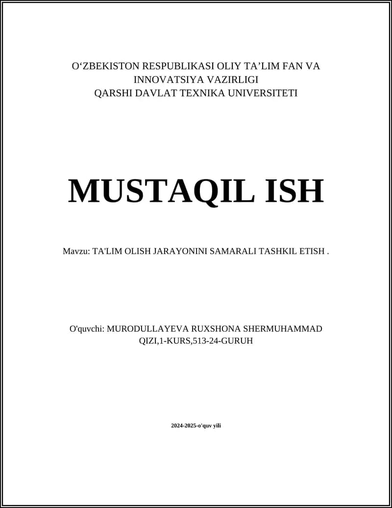 TA'LIM OLISH JARAYONINI SAMARALI TASHKIL ETISH