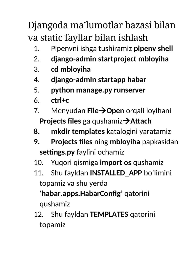Djangoda ma'lumotlar bazasi bilan va static fayllar bilan ishlash