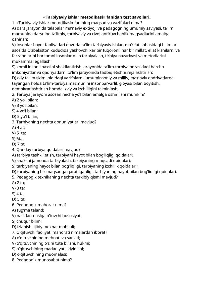 Tarbiyaviy ishlar metodikasi test savollari