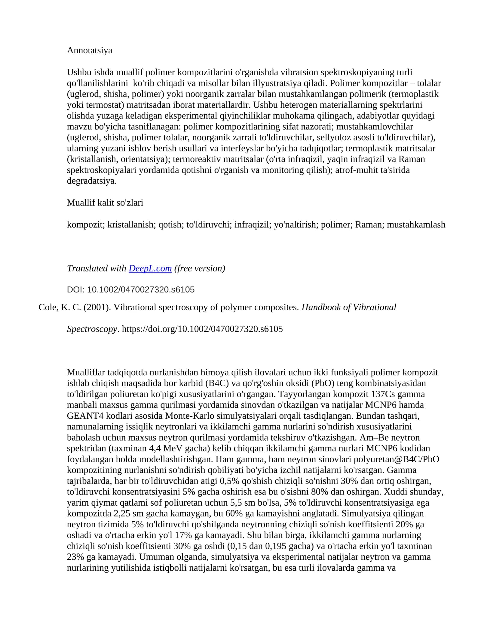 Polimer kompozitlarining spektral nazorati
