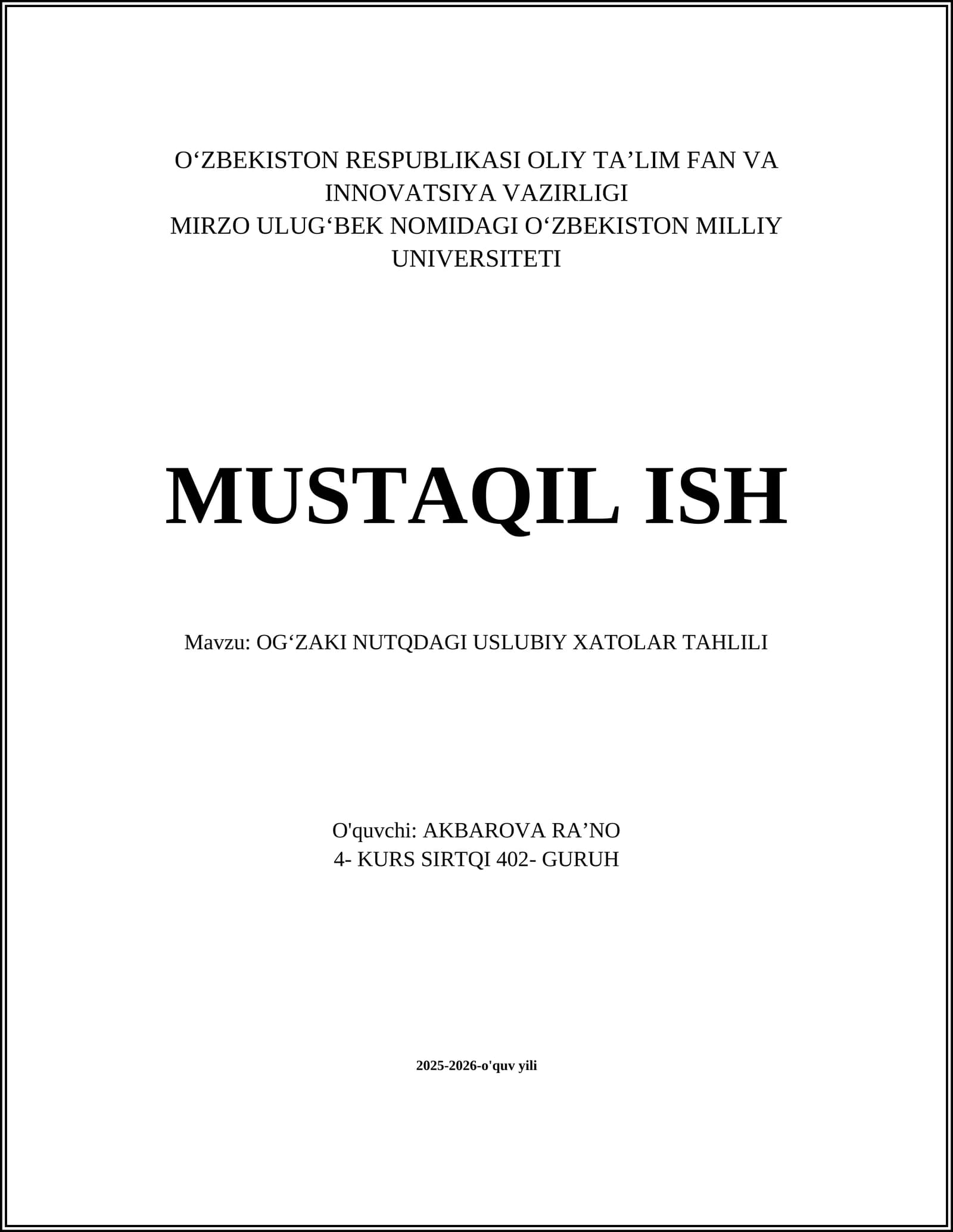OGʻZAKI NUTQDAGI USLUBIY XATOLAR TAHLILI