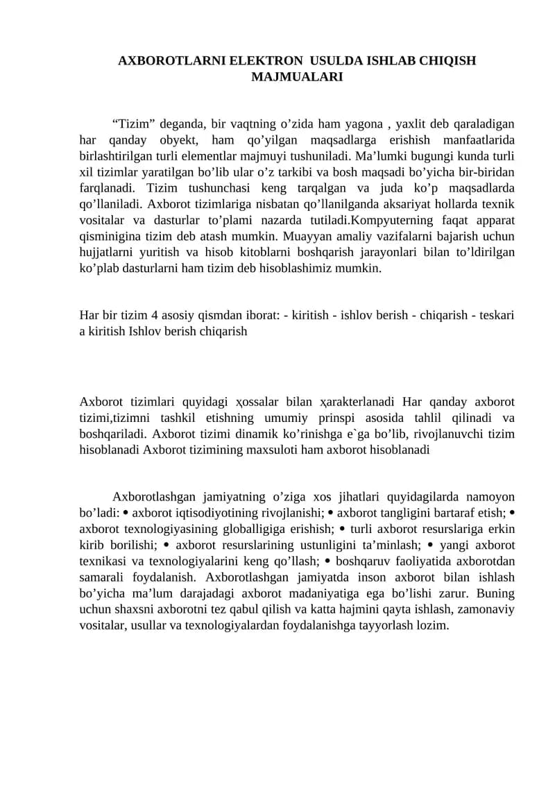 AXBOROTLARNI ELEKTRON USULDA ISHLAB CHIQISH MAJMUALARI