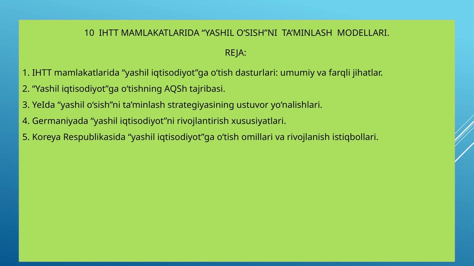 IHTT MAMLAKATLARIDA “YASHIL O‘SISH”NI TA’MINLASH MODELLARI