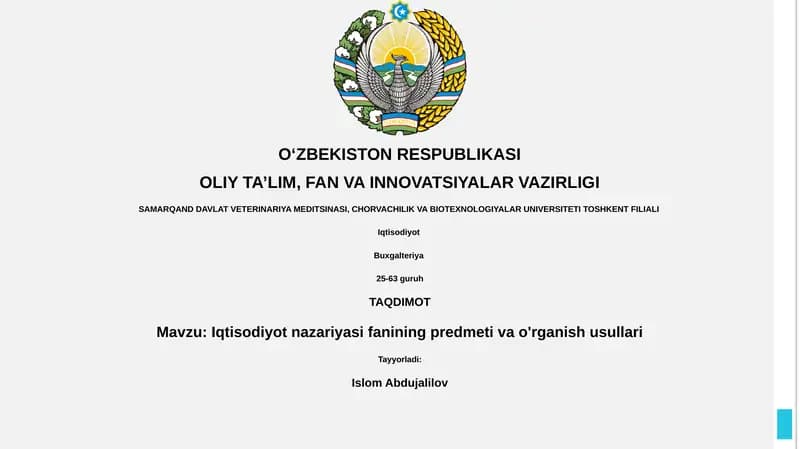 Iqtisodiyot nazariyasi fanining predmeti va o'rganish usullari