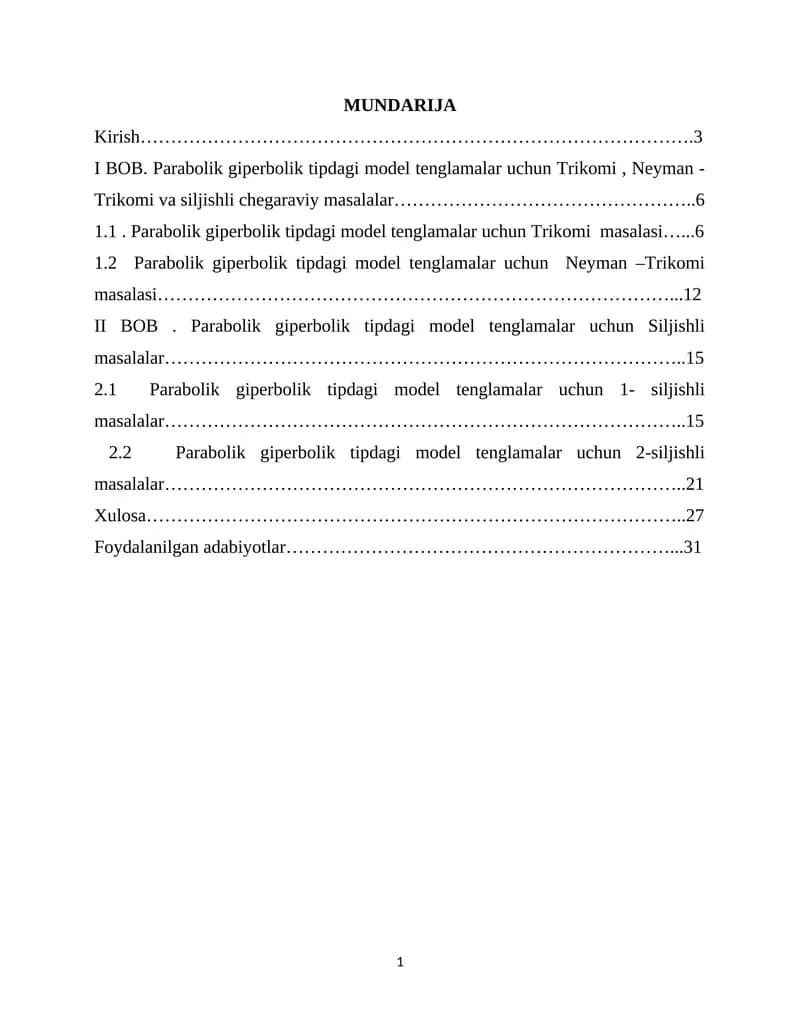 Parabolik-giperbolik tipdagi model tenglamalr uchun Trikomi, Neyman-Trikomi va siljish chegaraviy masalalar.