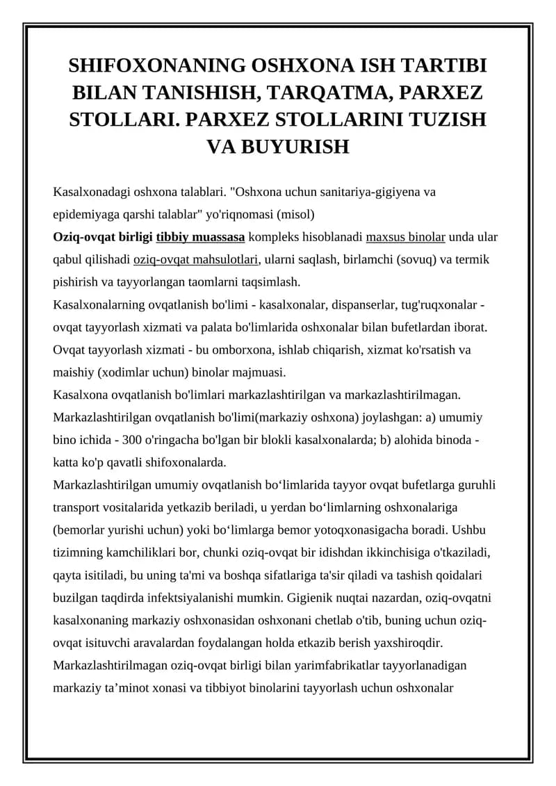 Oshxona ish tartibi