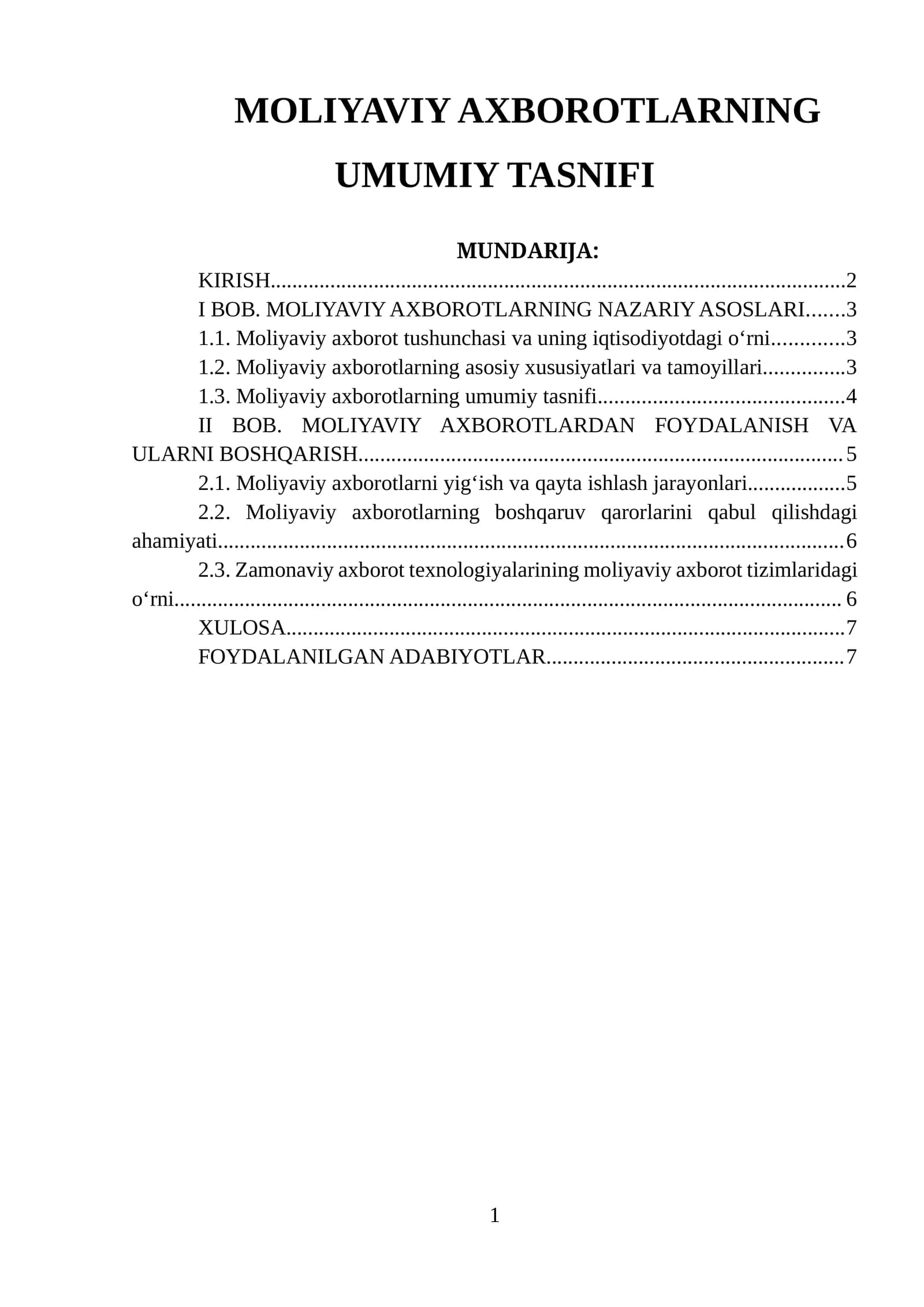 MOLIYAVIY AXBOROTLARNING UMUMIY TASNIFI