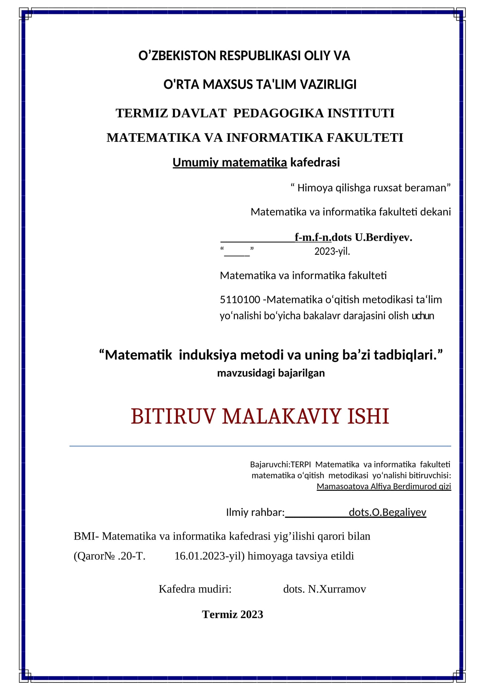 Matematik induksiya metodi va uning ba’zi tadbiqlari
