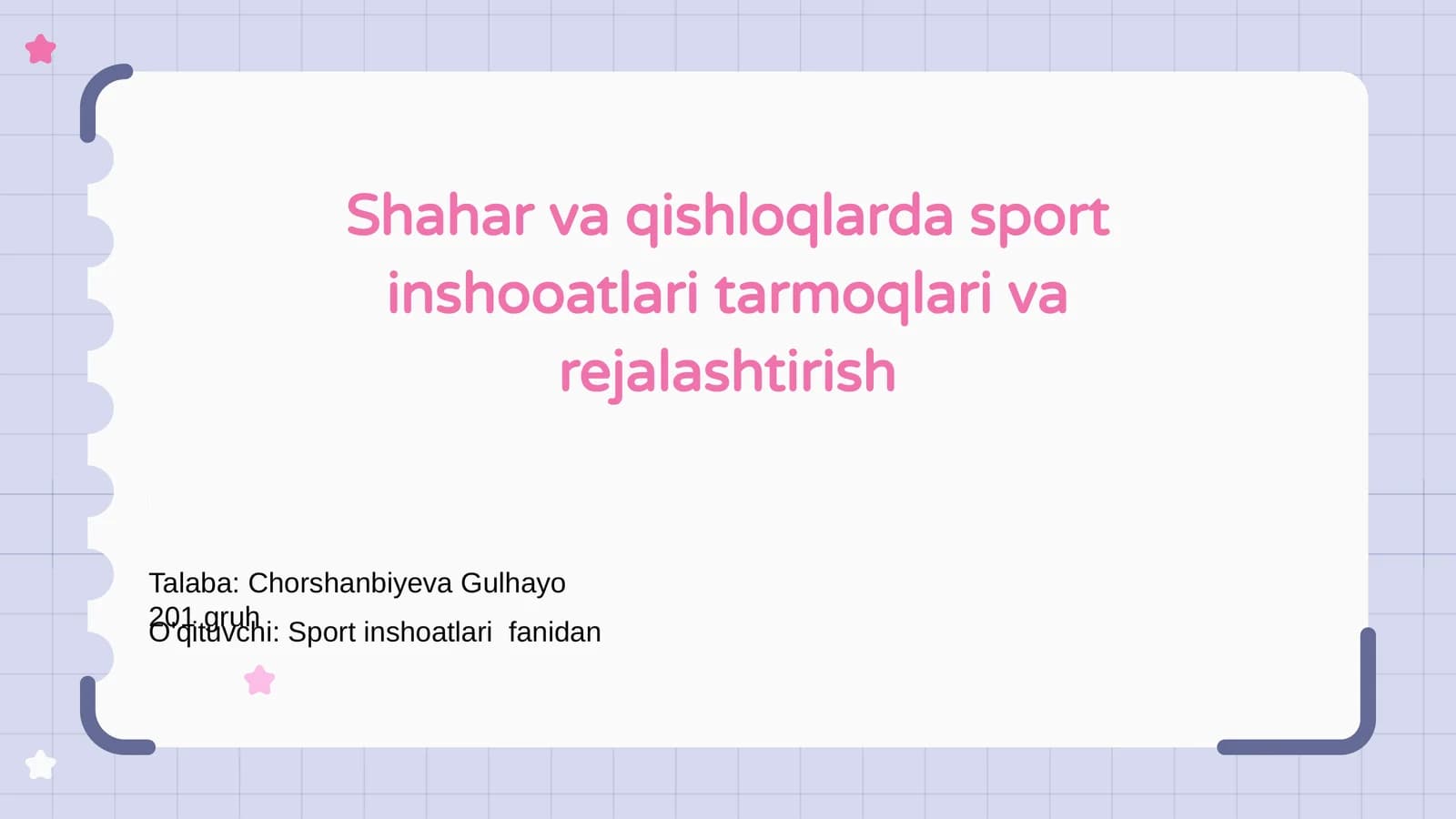 Shahar va qishloqlarda sport inshooatlari tarmoqlari va rejalashtirish