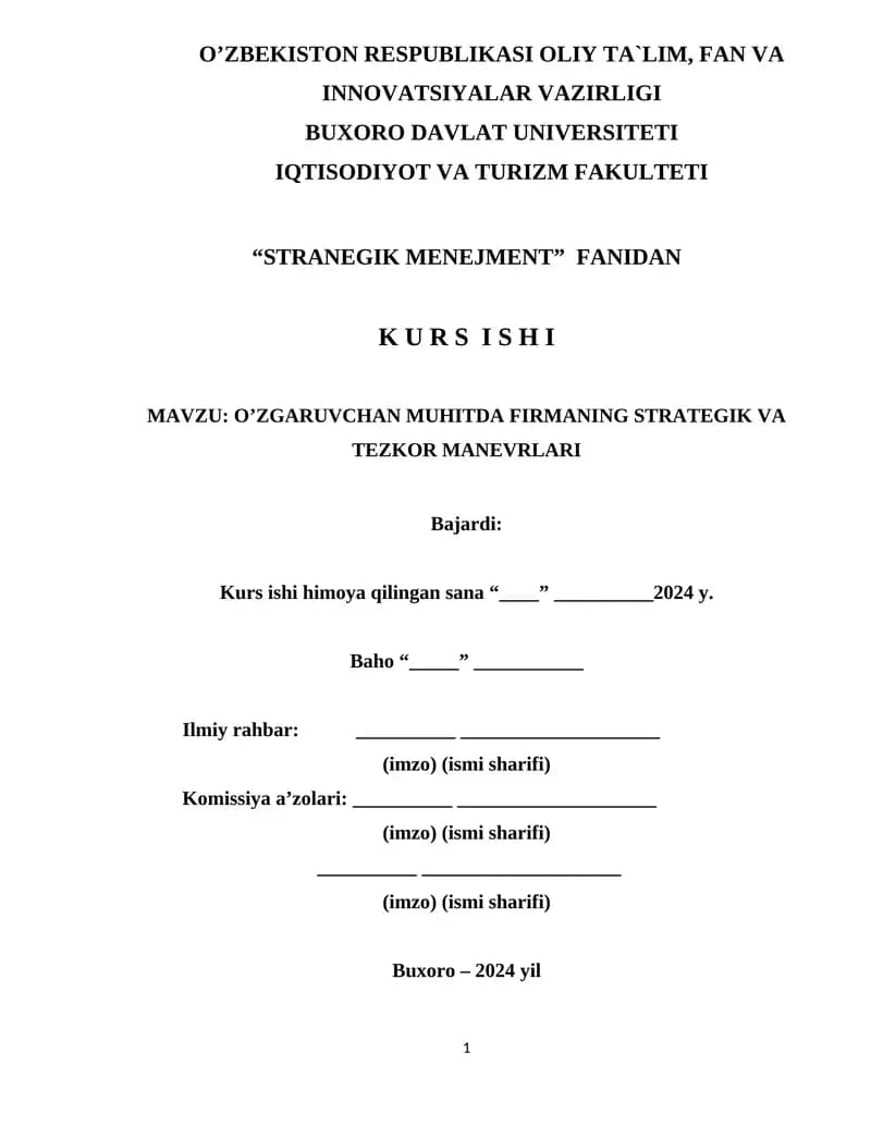 O’ZGARUVCHAN MUHITDA FIRMANING STRATEGIK VA TEZKOR MANEVRLARI