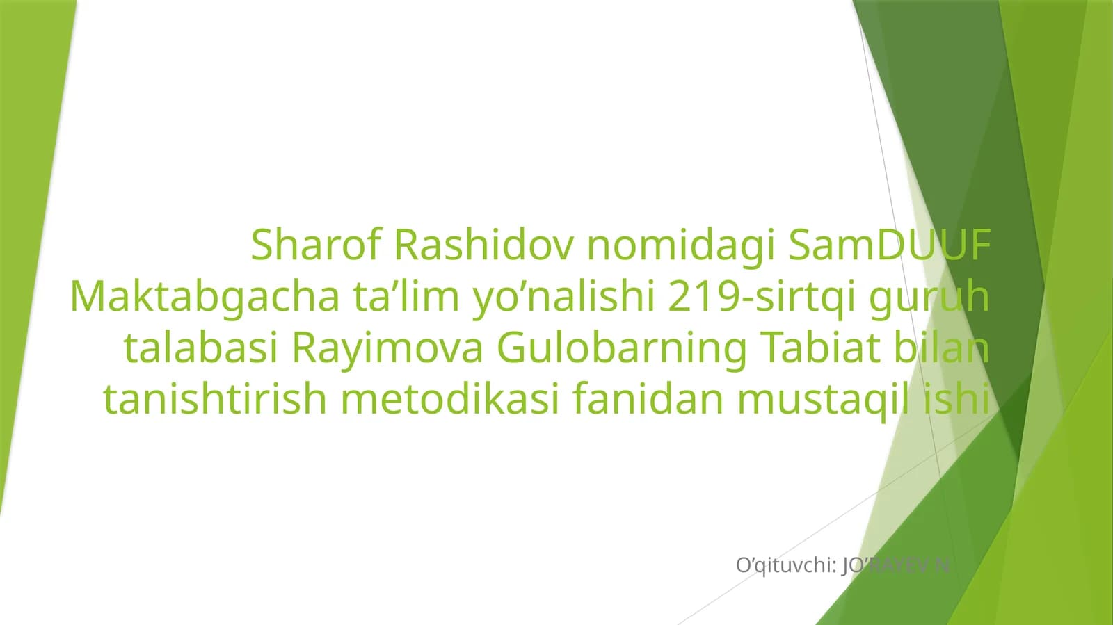 Tayyorlov guruhida tabiatga oid o'yinlarni tashkil etishning mashg'ulot islanmalarini tuzish