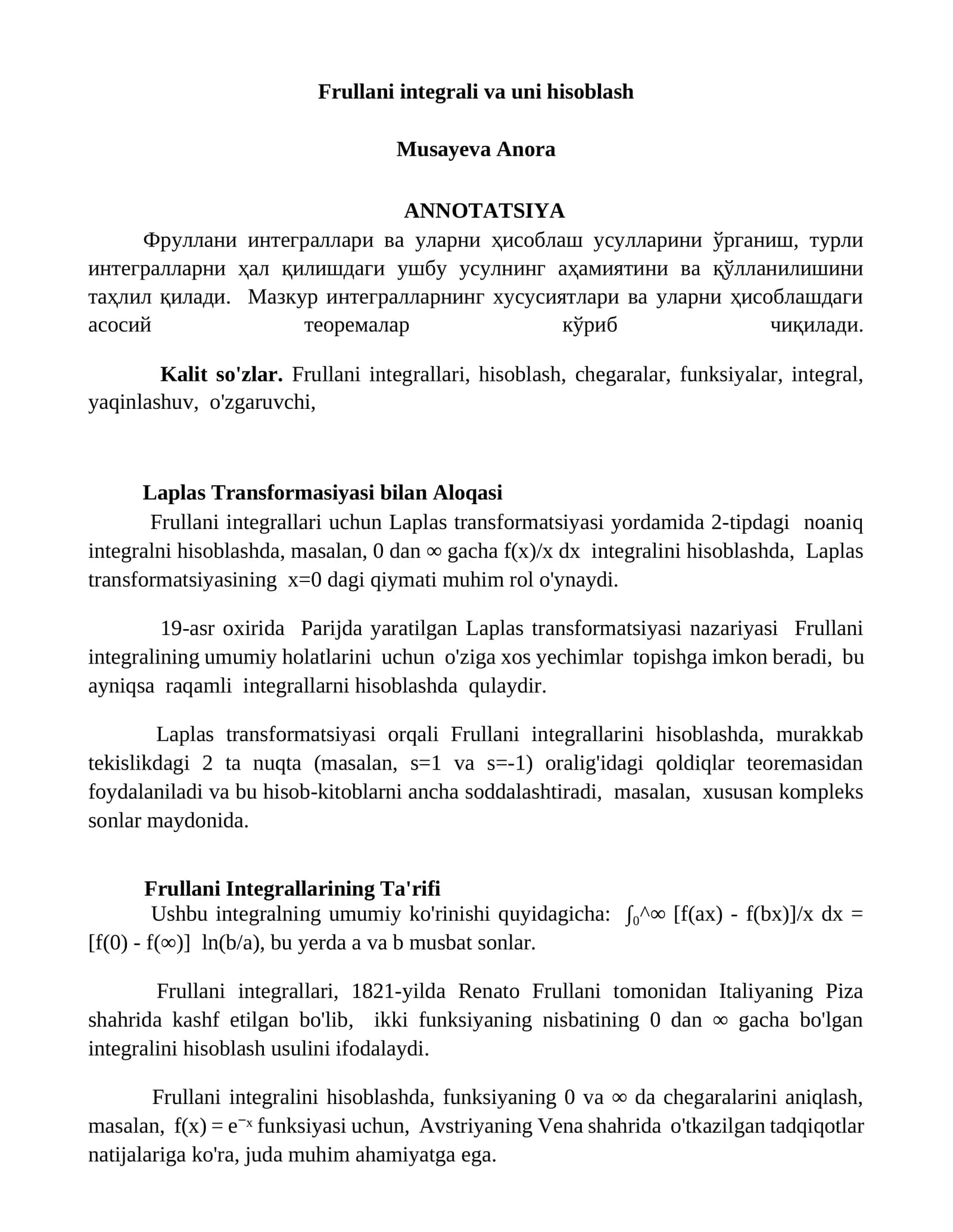 Frullani integrali va uni hisoblash