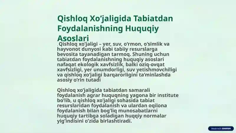 Qishloq Xo‘jaligida Tabiatdan Foydalanishning Huquqiy Asoslari