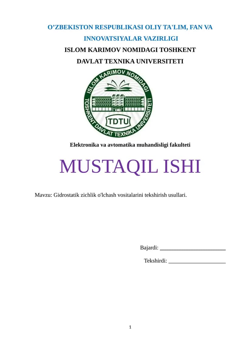 Gidrostatik zichlik o'lchash vositalarini tekshirish usullari