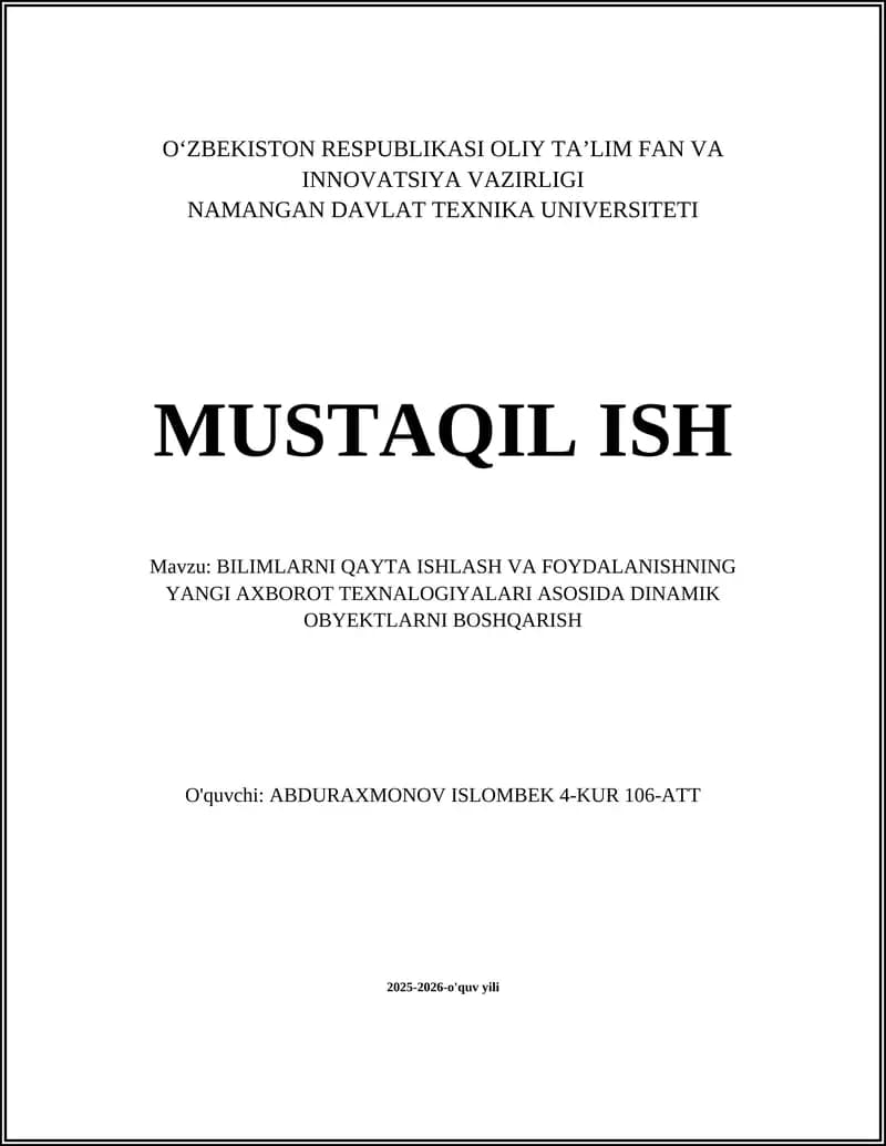 DINAMIK OBYEKTALARNI BOSHQARISHDA BILIMLARNI QAYTA ISHLASH