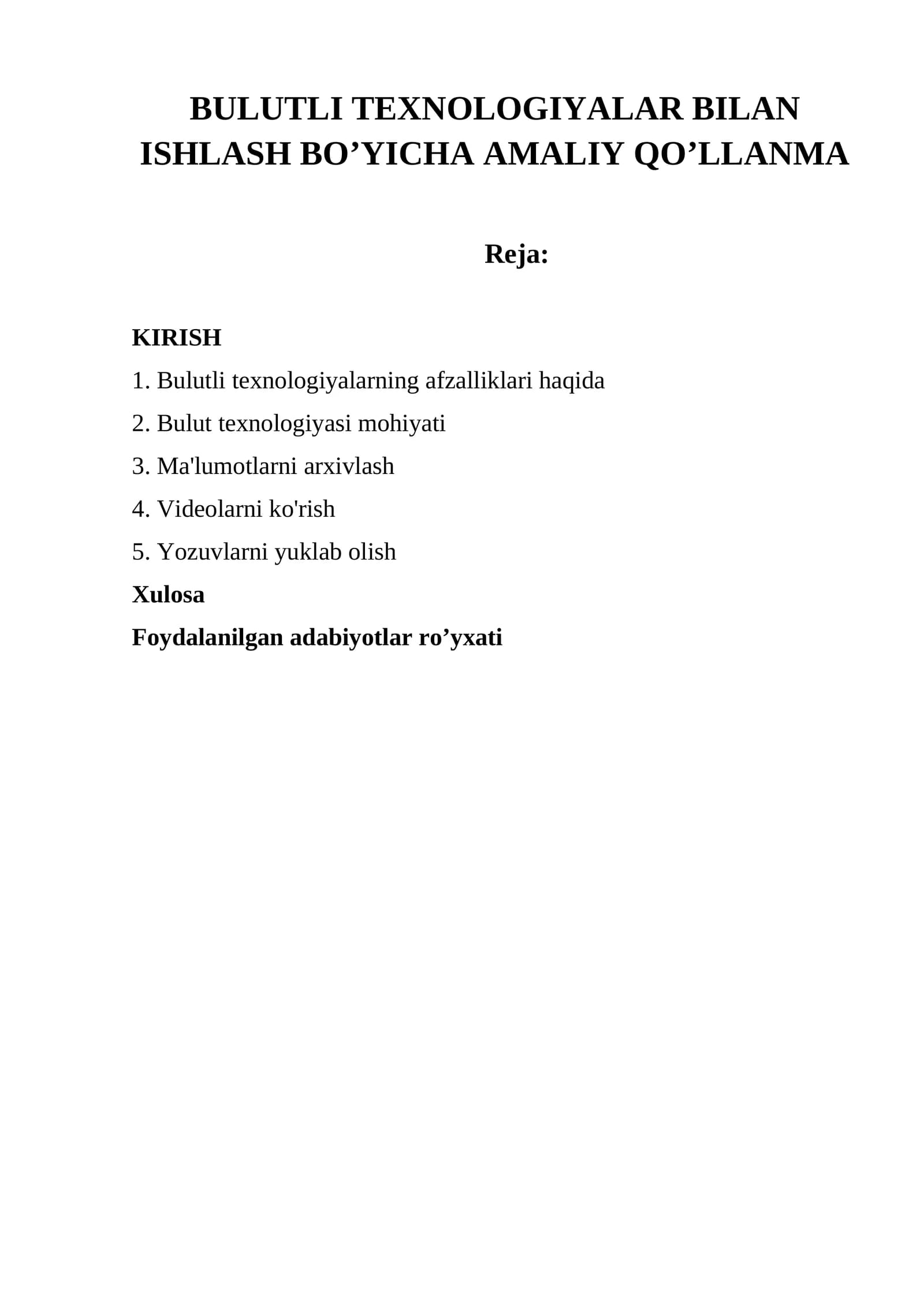 Bulutli texnologiyalar bilan ishlash bo’yicha amaliy qo’llanma